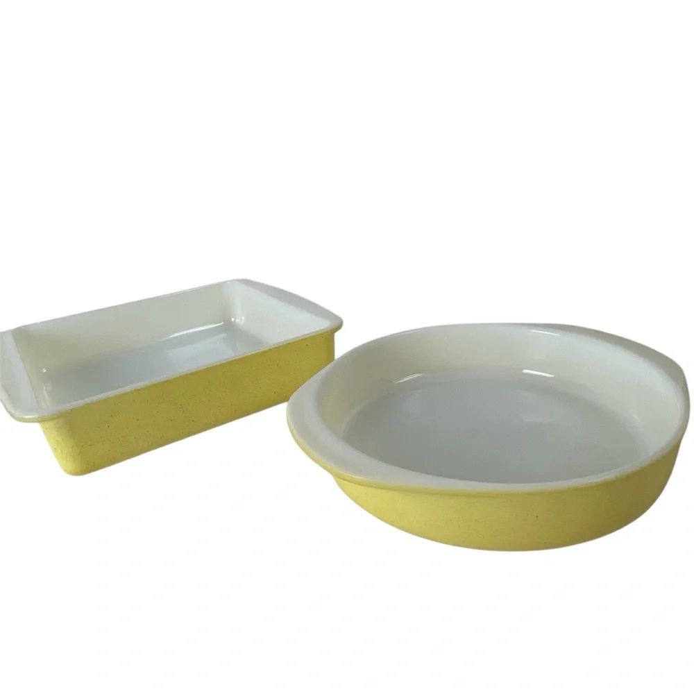 2 Rare Vintage Pyrex 1955-56 Yellow Speckled Desert Dawn Series Baking Dishes - Picture 2 of 16